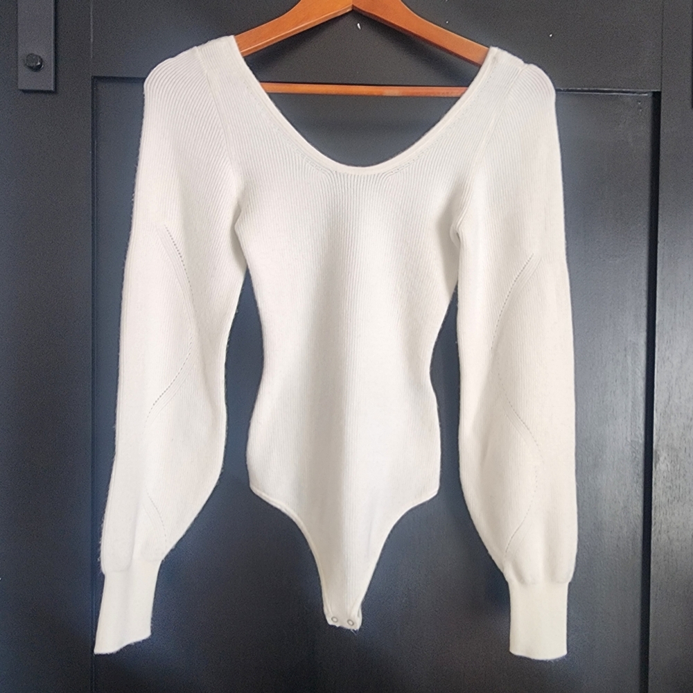 Abercrombie & Fitch Ribbed V-Neck Sweater Balloon Sleeve Bodysuit Small White - Picture 3 of 12